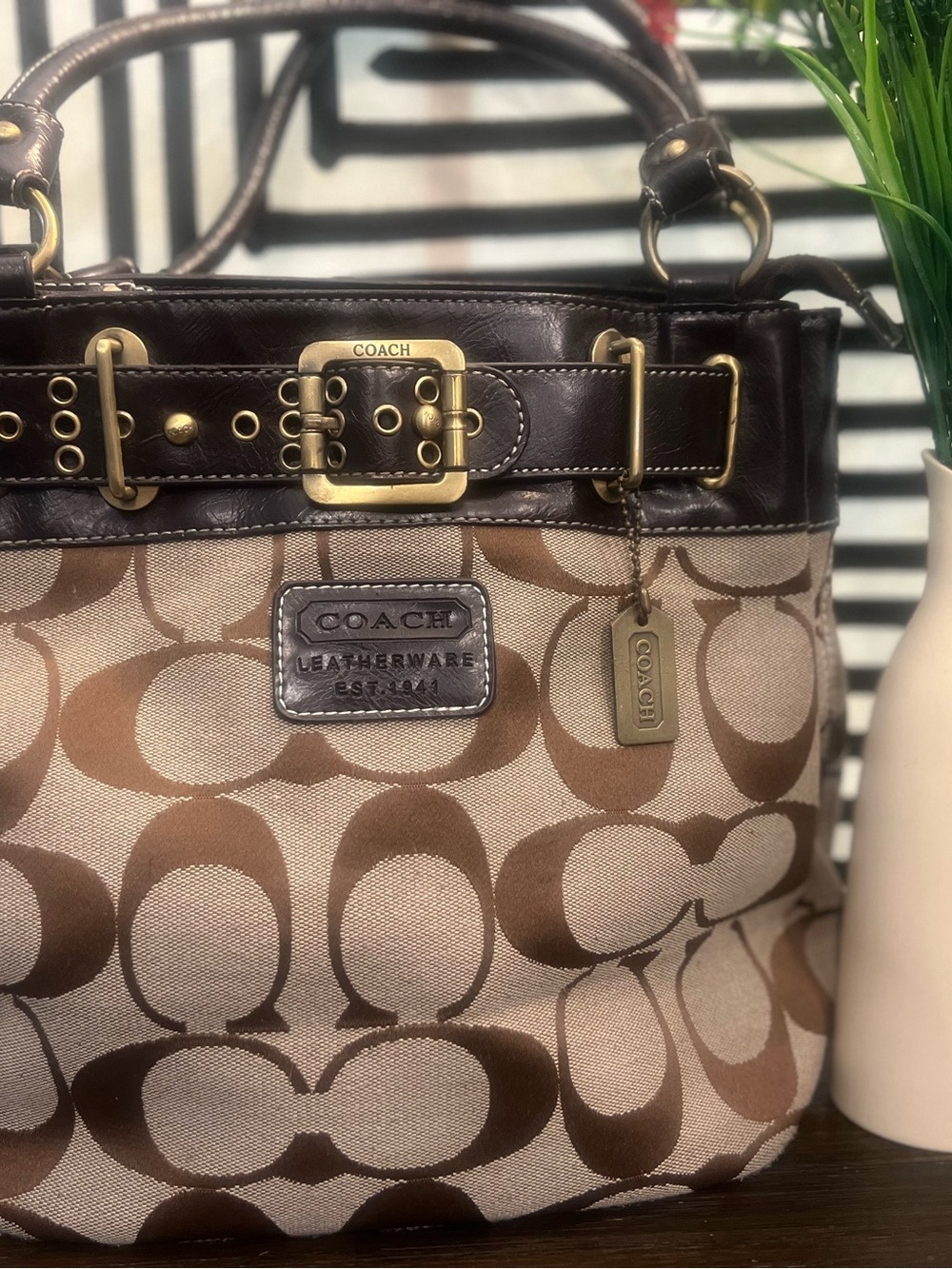 Coach Beige and Brown Signature Canvas Tote with Leather Trim